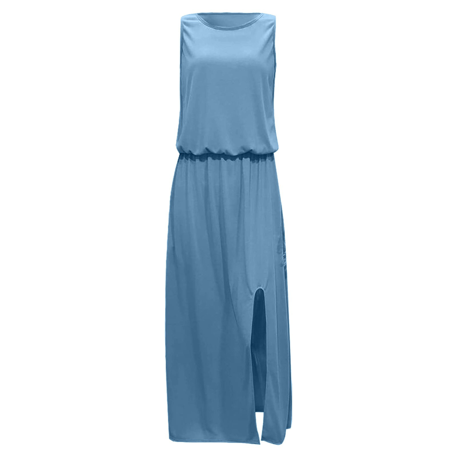 thumbnail image 4 of Vestido largo sin mangas con cuello redondo y abertura para mujer - Vestido de playa fluido de color liso, 4 of 5